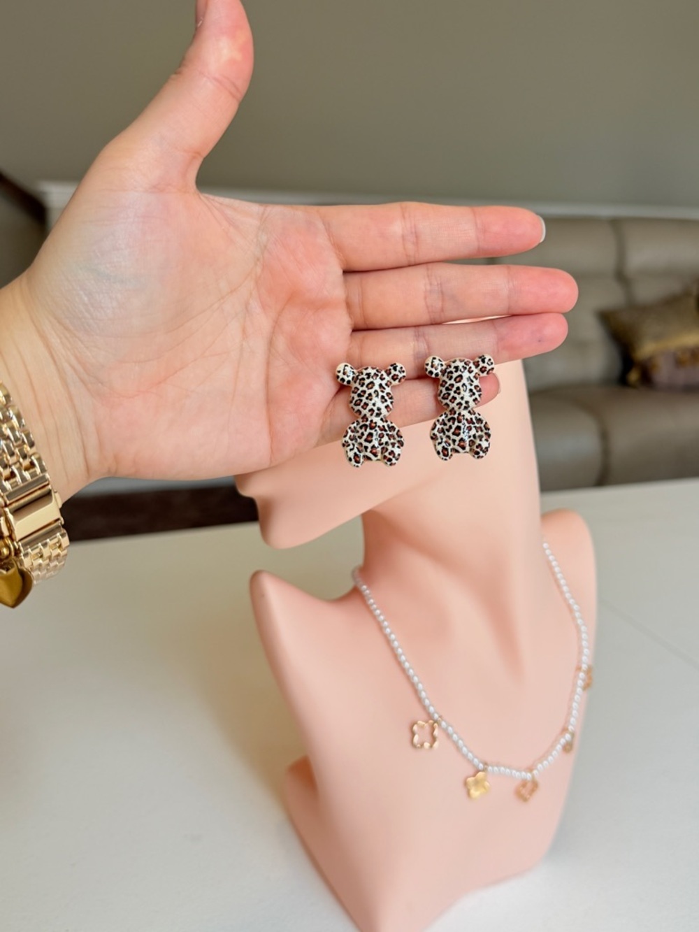 Leopard Print Teddy Stud Earrings - Picture 9 of 11